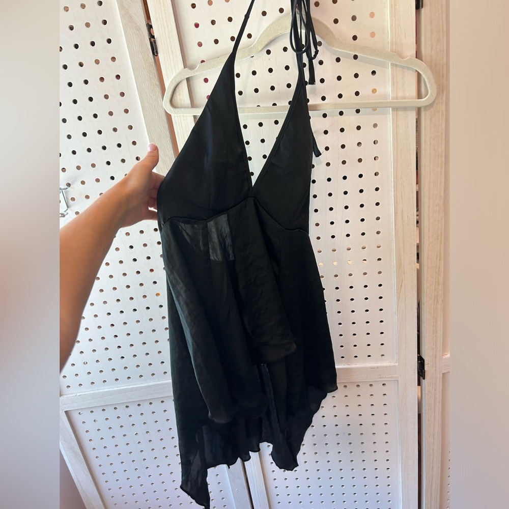 NWT Edgy black asymmetrical halter top with a deep V neckline
